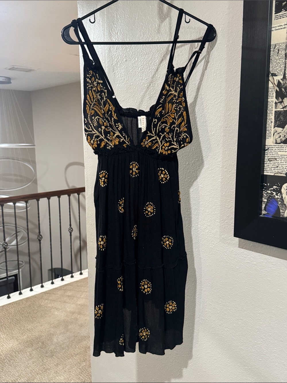 RAGA Black Mini Dress with Gold Floral Embroidery